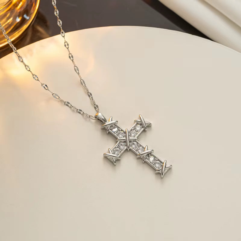 Cross Zircon Necklace for Women Men Gold Plated Stainless Steel Clavicle Chain Necklaces Vintage Religion Aesthetic Jewelry 2024
