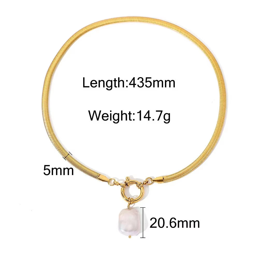 Waterproof Big Freshwater Pearl Pendant Necklaces Women Gold PVD Plated Titanium Steel Wide Flat Herribone Necklace